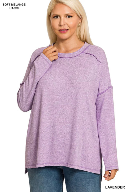 Zenana Full Size Melange Hacci Exposed Seam Hi - low Tee Plus Size - Bitsy Gypsy Boutique