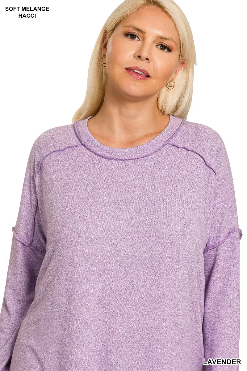 Zenana Full Size Melange Hacci Exposed Seam Hi - low Tee Plus Size - Bitsy Gypsy Boutique