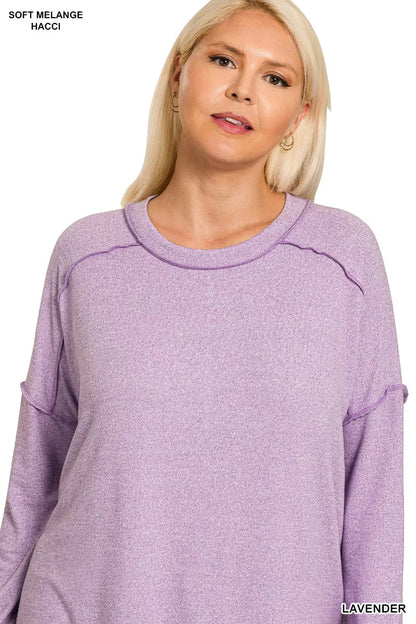 Zenana Full Size Melange Hacci Exposed Seam Hi - low Tee Plus Size - Bitsy Gypsy Boutique