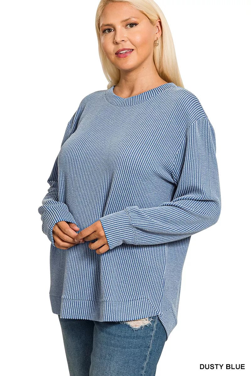 Zenana Full Size Raised Rib Round Neck Long Sleeve Top - Bitsy Gypsy Boutique