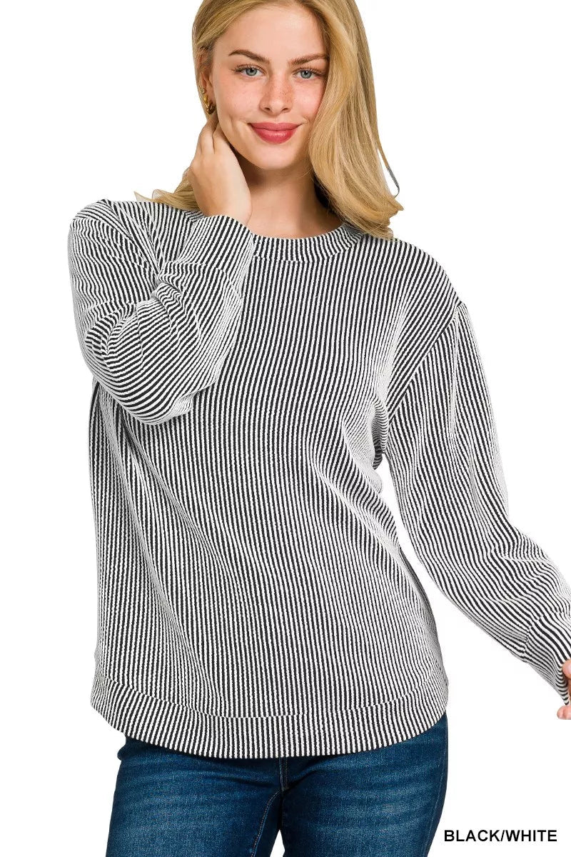 Zenana Full Size Raised Rib Round Neck Long Sleeve Top Plus Size - Bitsy Gypsy Boutique