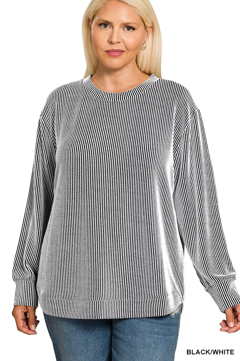 Zenana Full Size Raised Rib Round Neck Long Sleeve Top Plus Size - Bitsy Gypsy Boutique