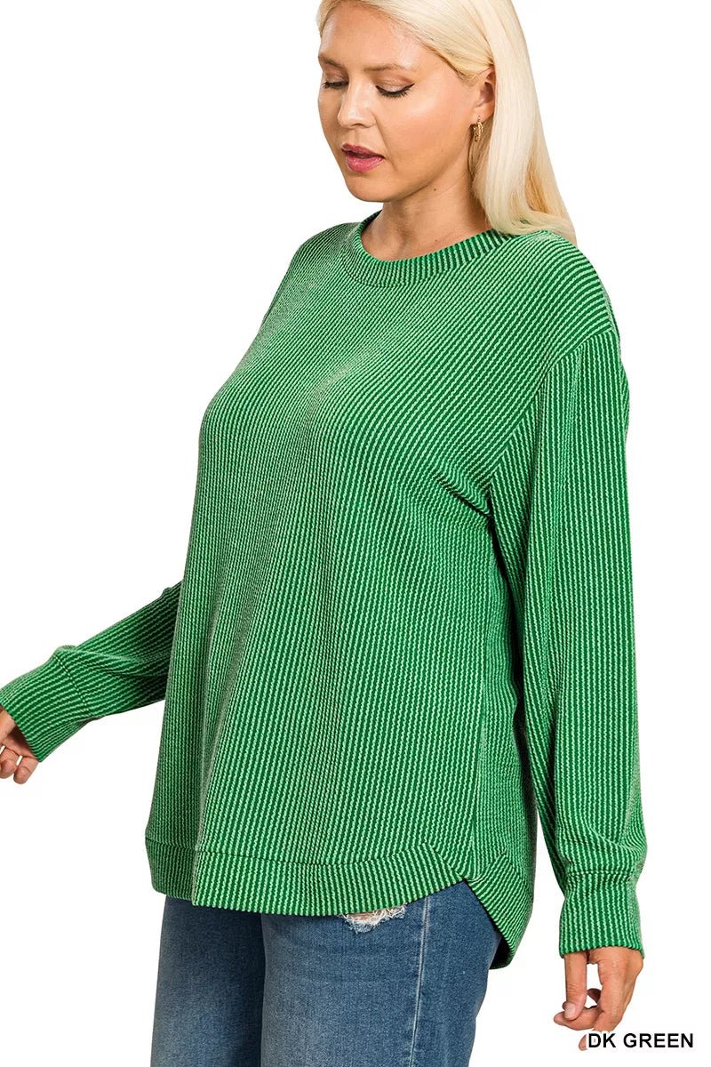 Zenana Full Size Raised Rib Round Neck Long Sleeve Top Plus Size - Bitsy Gypsy Boutique