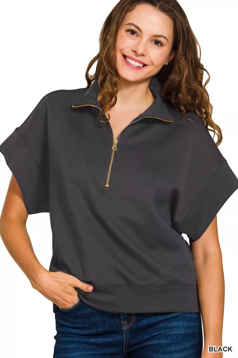 Zenana Full Size Scuba High Neck Half Zip Short Sleeve Top Plus Size - Bitsy Gypsy Boutique