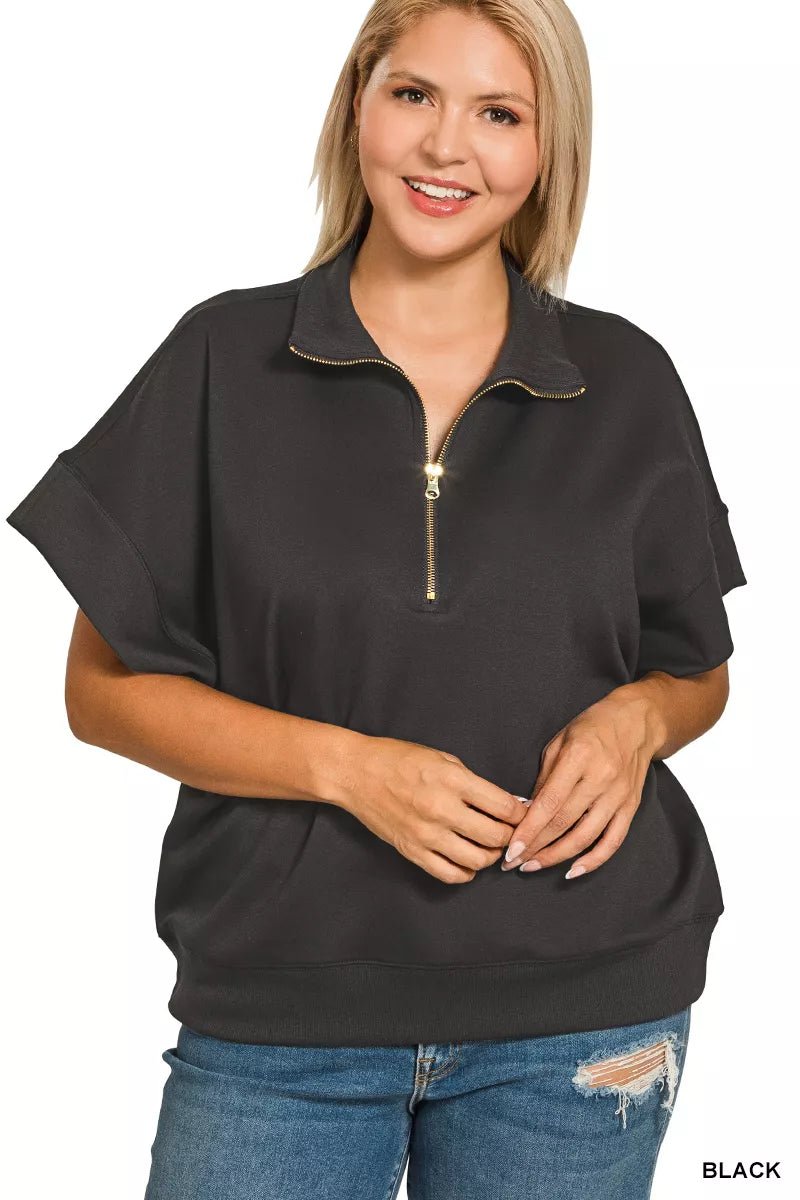 Zenana Full Size Scuba High Neck Half Zip Short Sleeve Top Plus Size - Bitsy Gypsy Boutique