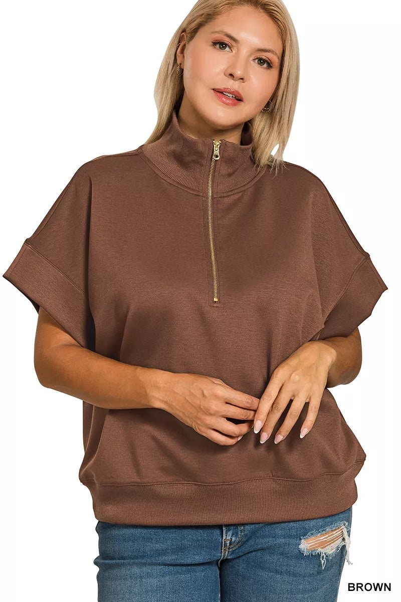 Zenana Full Size Scuba High Neck Half Zip Short Sleeve Top Plus Size - Bitsy Gypsy Boutique