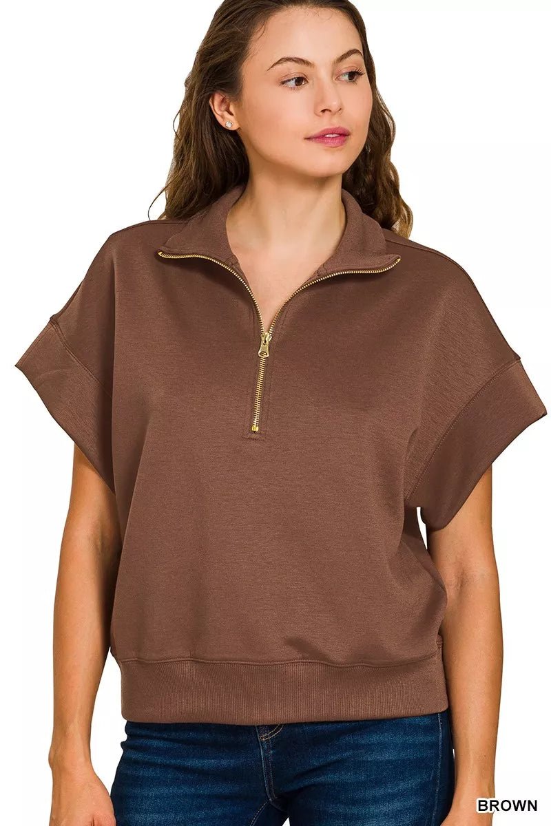 Zenana Full Size Scuba High Neck Half Zip Short Sleeve Top Plus Size - Bitsy Gypsy Boutique