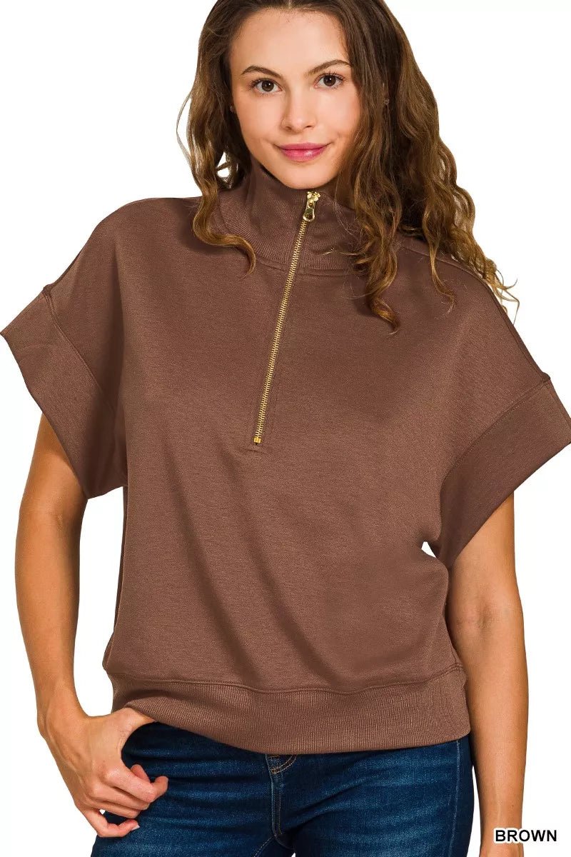 Zenana Full Size Scuba High Neck Half Zip Short Sleeve Top Plus Size - Bitsy Gypsy Boutique