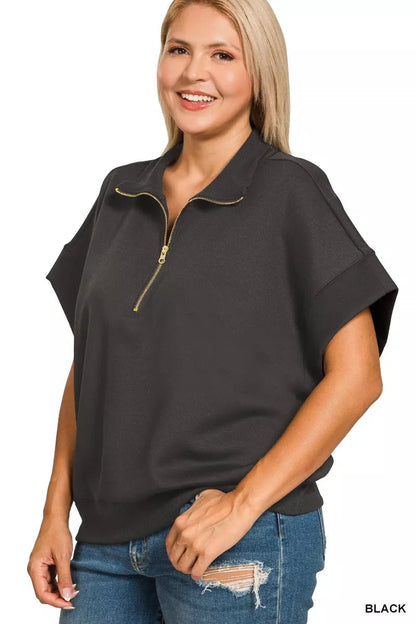 Zenana Full Size Scuba High Neck Half Zip Short Sleeve Top Plus Size - Bitsy Gypsy Boutique