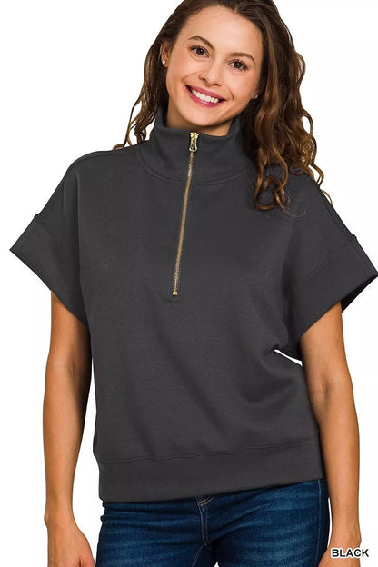 Zenana Full Size Scuba High Neck Half Zip Short Sleeve Top Plus Size - Bitsy Gypsy Boutique