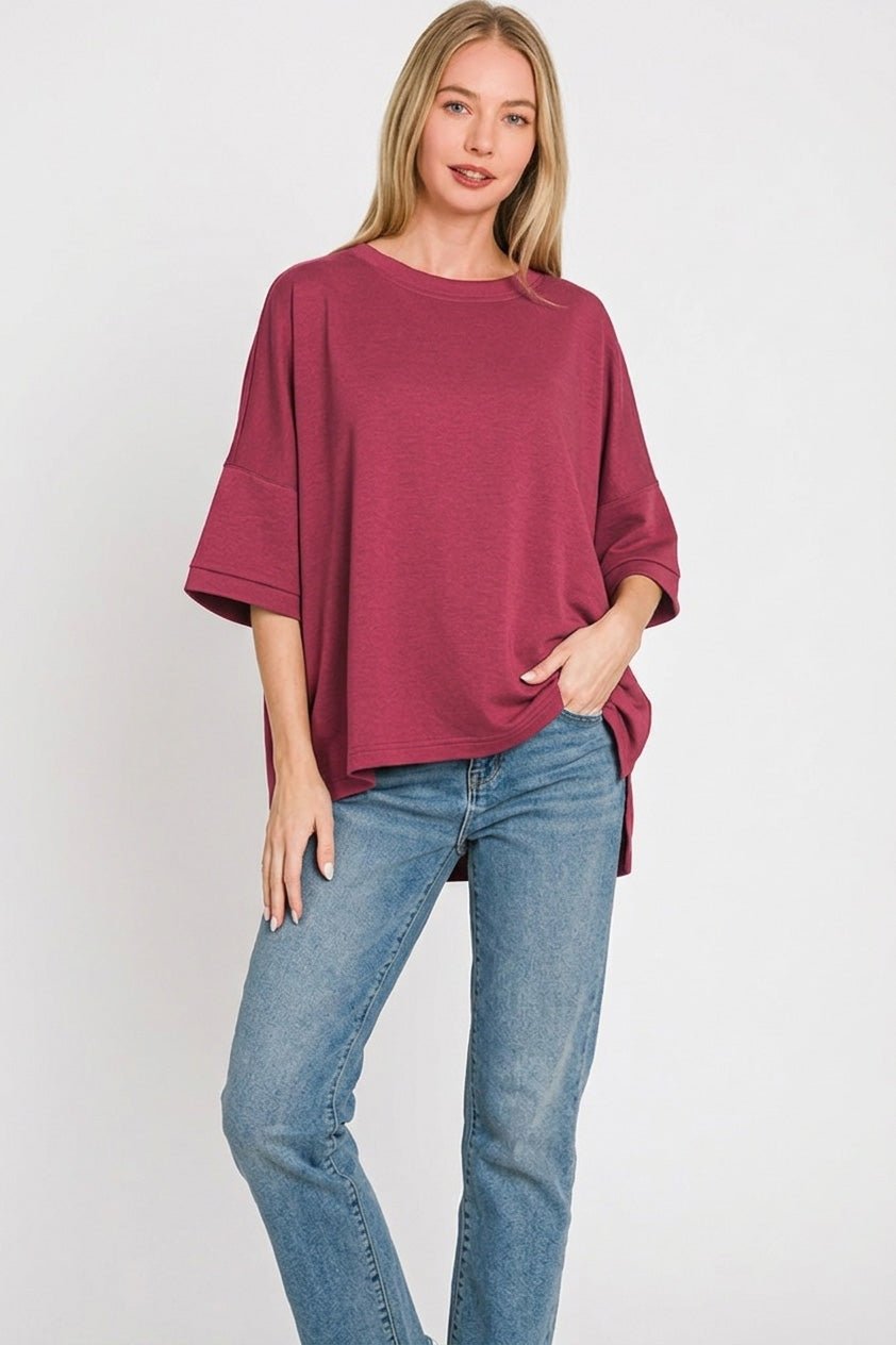 Zenana Full Size Scuba Round Neck Top With Side Slits Plus Size - Bitsy Gypsy Boutique