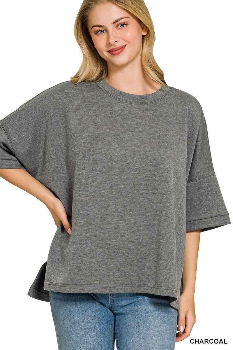 Zenana Full Size Scuba Round Neck Top With Side Slits Plus Size - Bitsy Gypsy Boutique