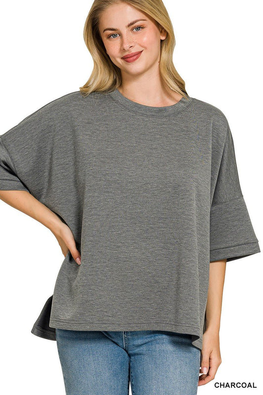 Zenana Full Size Scuba Round Neck Top With Side Slits Plus Size - Bitsy Gypsy Boutique