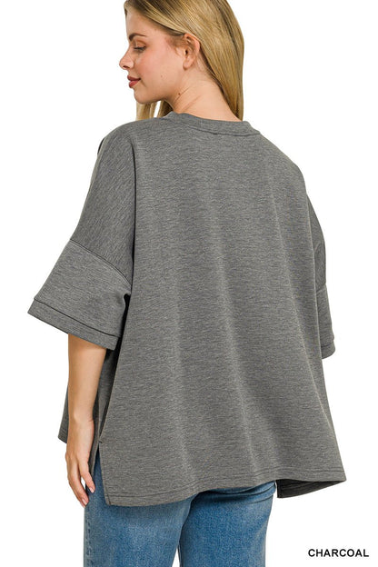 Zenana Full Size Scuba Round Neck Top With Side Slits Plus Size - Bitsy Gypsy Boutique