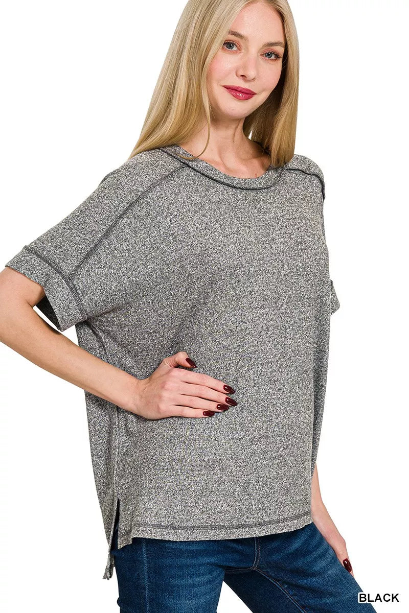 Zenana Full Size Soft Melange Hacci Short Sleeve Hi - low Tee Plus Size - Bitsy Gypsy Boutique