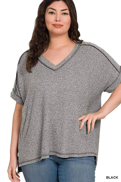 Zenana Full Size Soft Melange Hacci V - Neck Short Sleeve Hi - low Tee Plus Size - Bitsy Gypsy Boutique