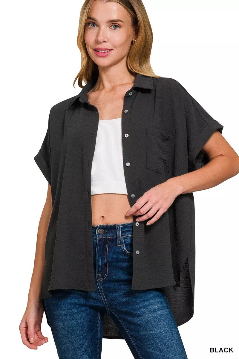 Zenana Full Size Woven Airflow Button Down Shirt Plus Size - Bitsy Gypsy Boutique
