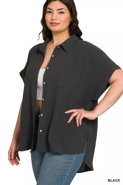 Zenana Full Size Woven Airflow Button Down Shirt Plus Size - Bitsy Gypsy Boutique