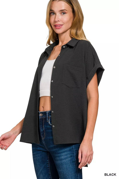 Zenana Full Size Woven Airflow Button Down Shirt Plus Size - Bitsy Gypsy Boutique