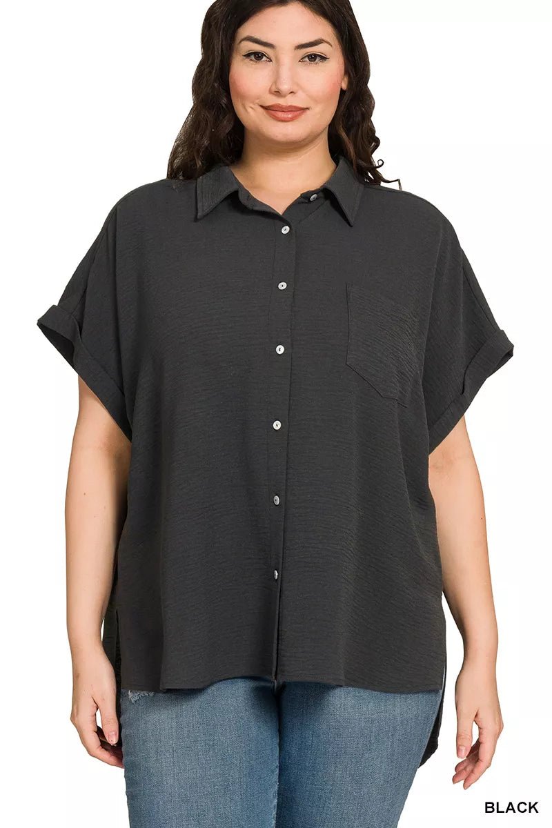 Zenana Full Size Woven Airflow Button Down Shirt Plus Size - Bitsy Gypsy Boutique