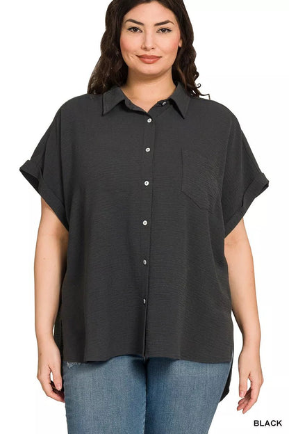 Zenana Full Size Woven Airflow Button Down Shirt Plus Size - Bitsy Gypsy Boutique