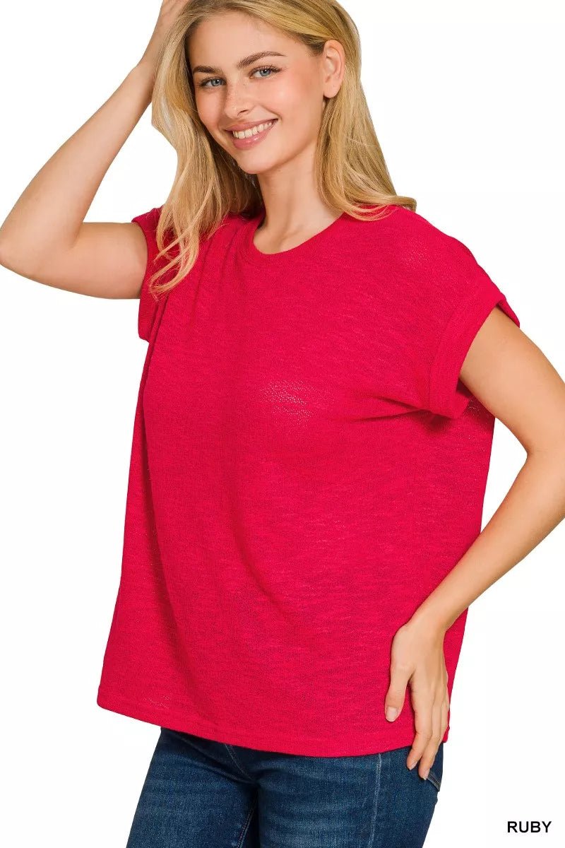 Zenana Hacci Slub Rolled Up Sleeve Tee - Bitsy Gypsy Boutique