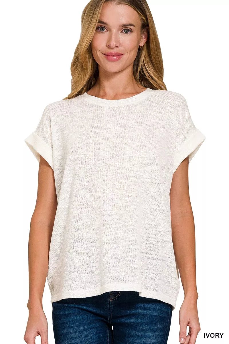 Zenana Hacci Slub Rolled Up Sleeve Tee - Bitsy Gypsy Boutique