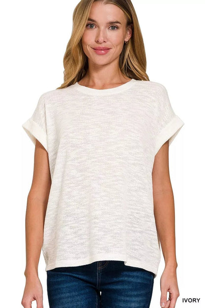 Zenana Hacci Slub Rolled Up Sleeve Tee - Bitsy Gypsy Boutique