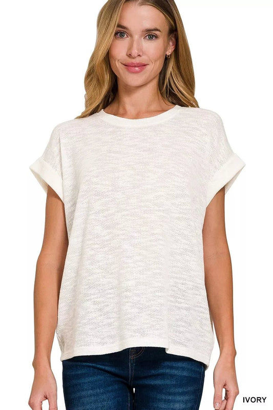 Zenana Hacci Slub Rolled Up Sleeve Tee - Bitsy Gypsy Boutique