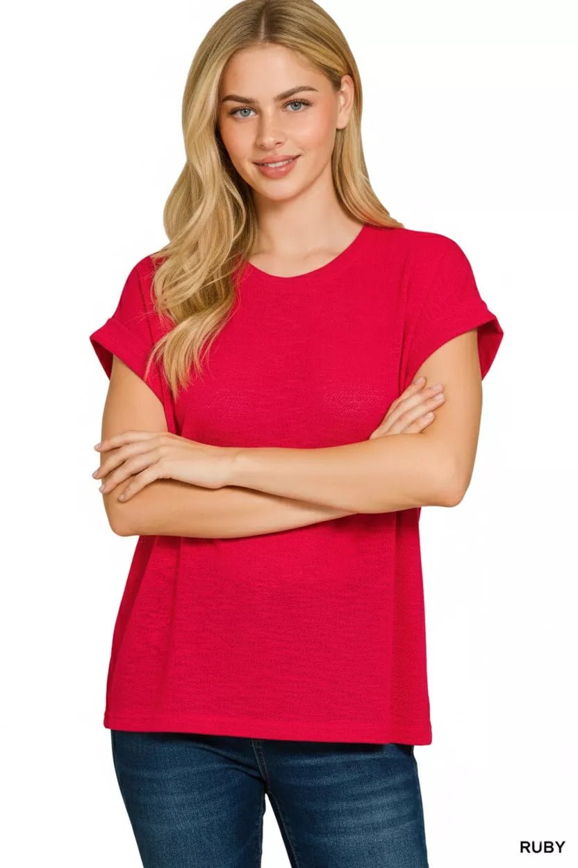 Zenana Hacci Slub Rolled Up Sleeve Tee - Bitsy Gypsy Boutique