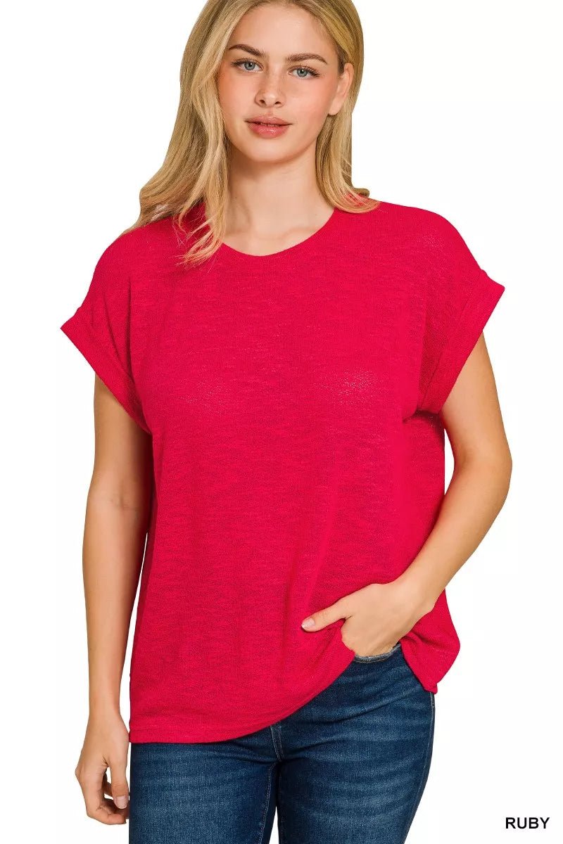 Zenana Hacci Slub Rolled Up Sleeve Tee - Bitsy Gypsy Boutique