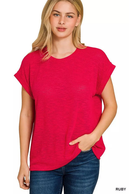 Zenana Hacci Slub Rolled Up Sleeve Tee - Bitsy Gypsy Boutique