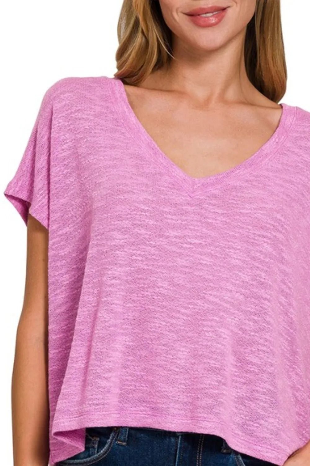 Zenana Hacci Slub V - neck Drop Shoulder Crop Top - Bitsy Gypsy Boutique