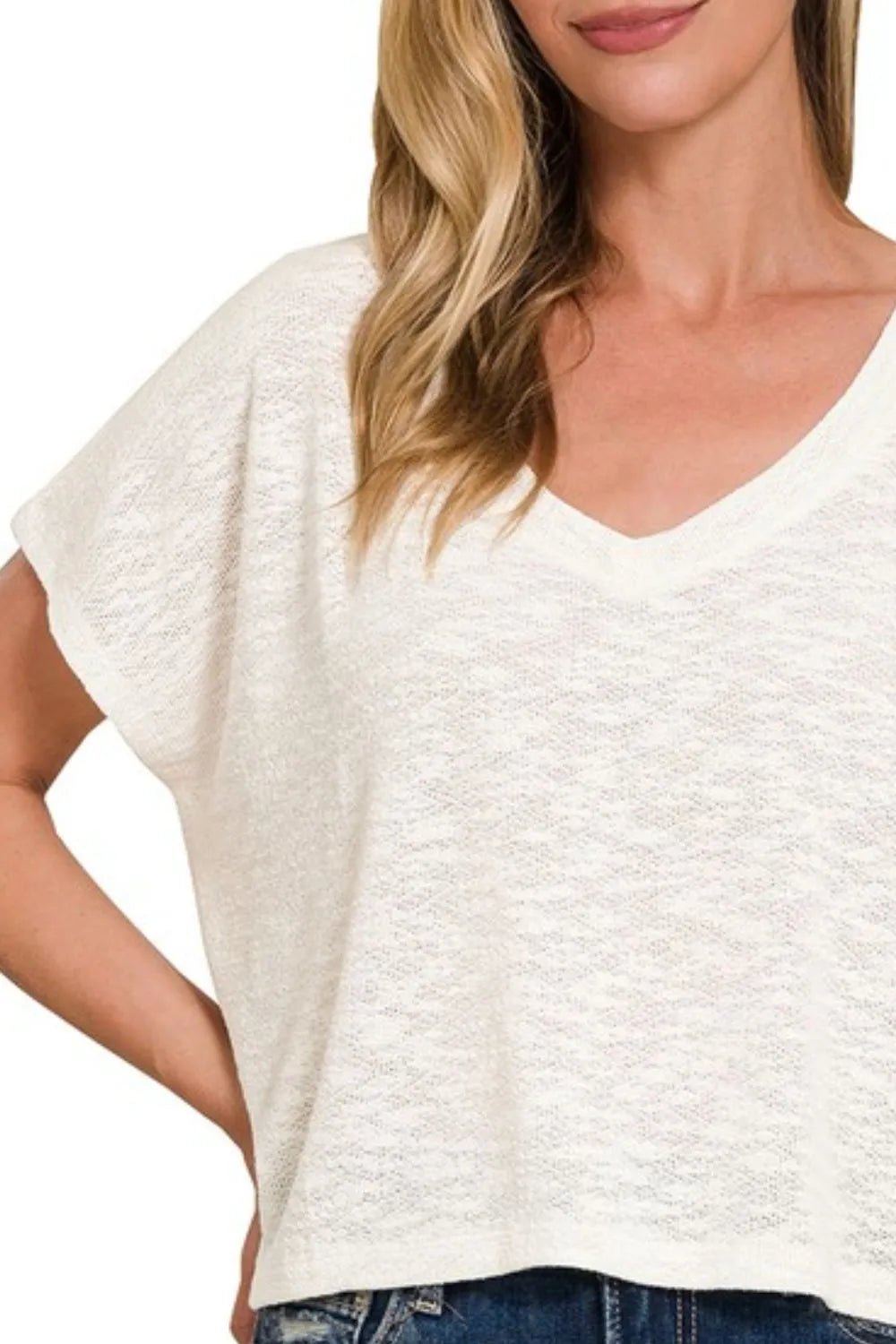 Zenana Hacci Slub V - neck Drop Shoulder Crop Top - Bitsy Gypsy Boutique