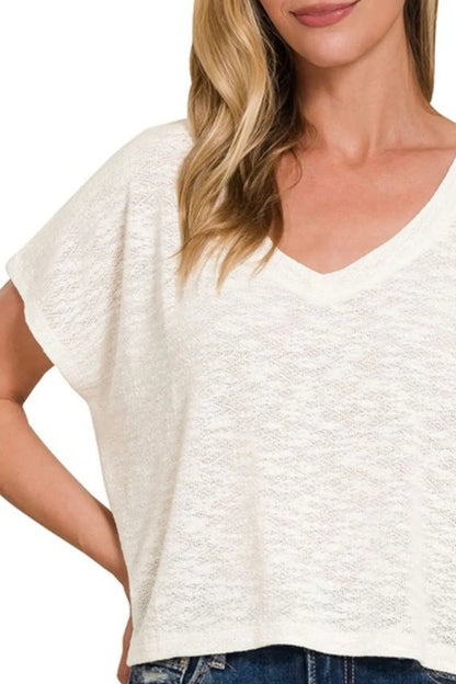 Zenana Hacci Slub V - neck Drop Shoulder Crop Top - Bitsy Gypsy Boutique