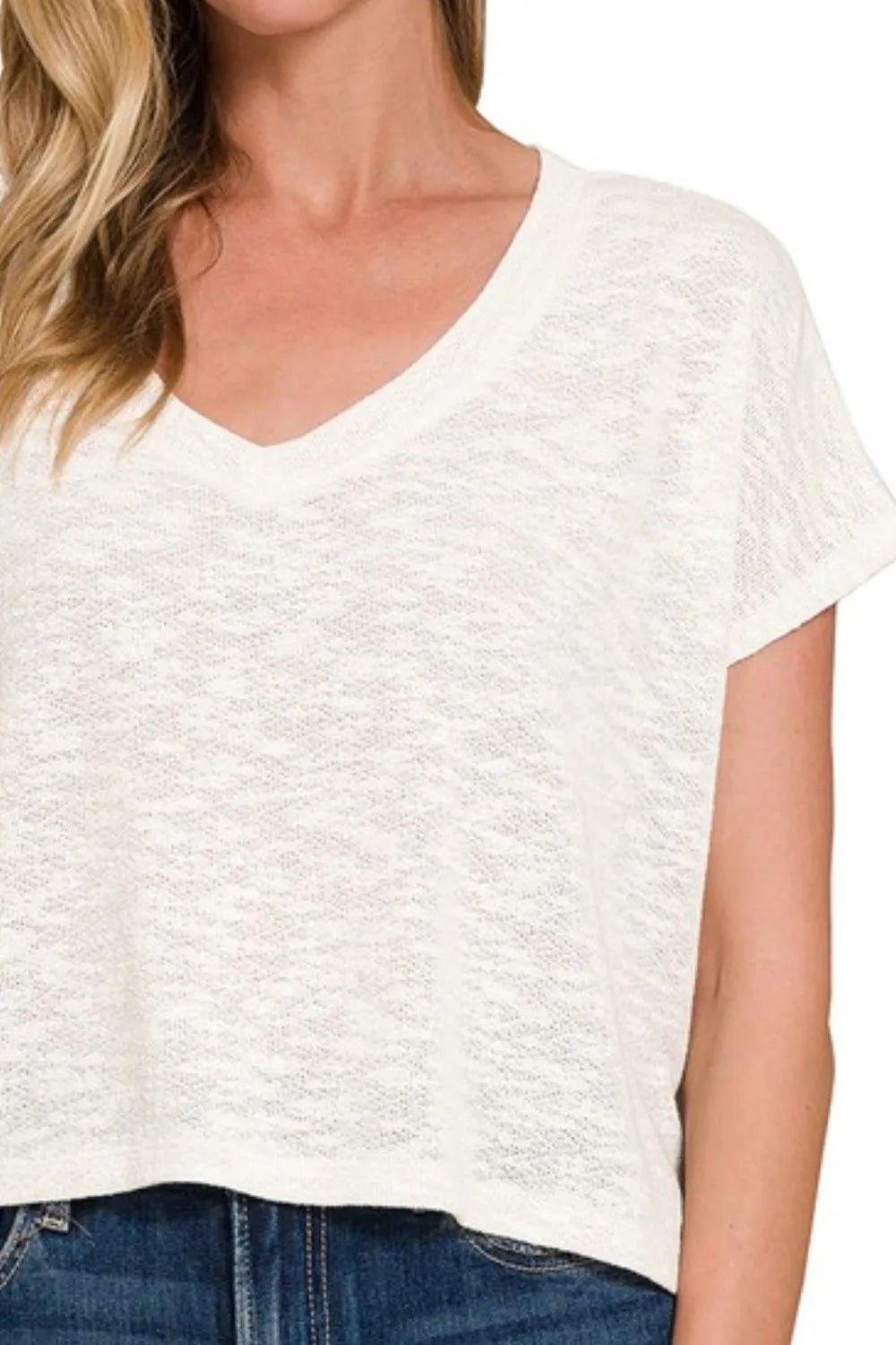 Zenana Hacci Slub V - neck Drop Shoulder Crop Top - Bitsy Gypsy Boutique