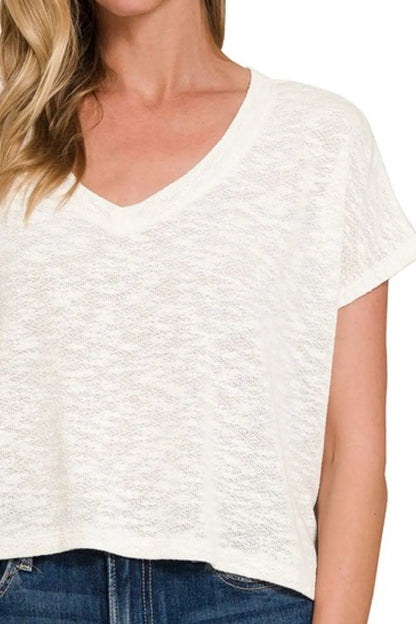 Zenana Hacci Slub V - neck Drop Shoulder Crop Top - Bitsy Gypsy Boutique