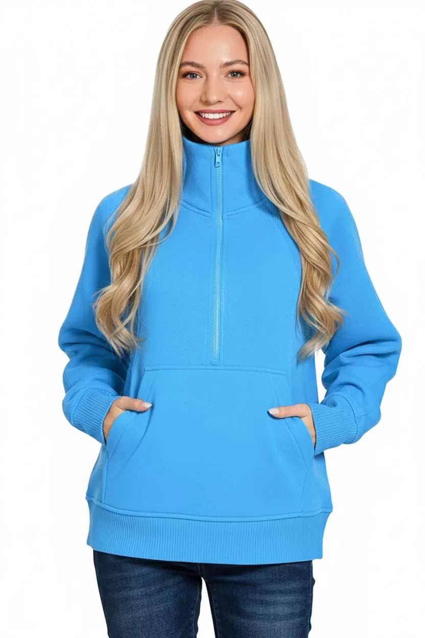 Zenana Half Zip Fleece Sweatshirt with kangaroo Pocket - Bitsy Gypsy Boutique