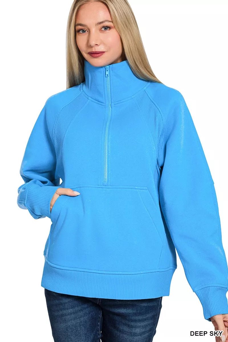 Zenana Half Zip Fleece Sweatshirt with kangaroo Pocket - Bitsy Gypsy Boutique