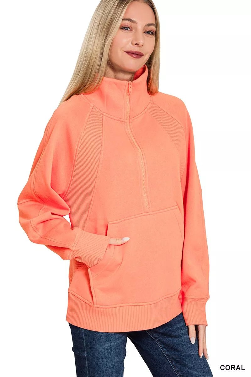 Zenana Half Zip Fleece Sweatshirt with kangaroo Pocket - Bitsy Gypsy Boutique