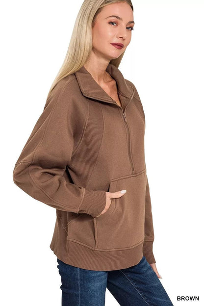 Zenana Half Zip Fleece Sweatshirt with kangaroo Pocket - Bitsy Gypsy Boutique