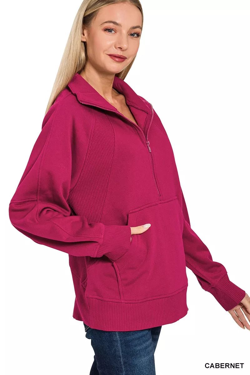 Zenana Half Zip Fleece Sweatshirt with kangaroo Pocket - Bitsy Gypsy Boutique