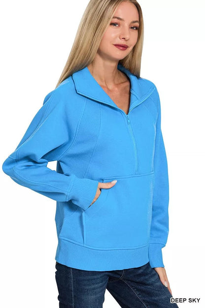 Zenana Half Zip Fleece Sweatshirt with kangaroo Pocket - Bitsy Gypsy Boutique