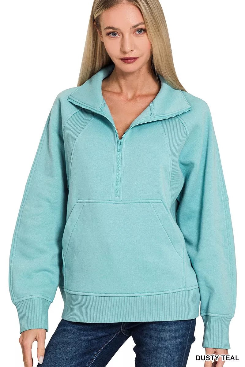 Zenana Half Zip Fleece Sweatshirt with kangaroo Pocket - Bitsy Gypsy Boutique