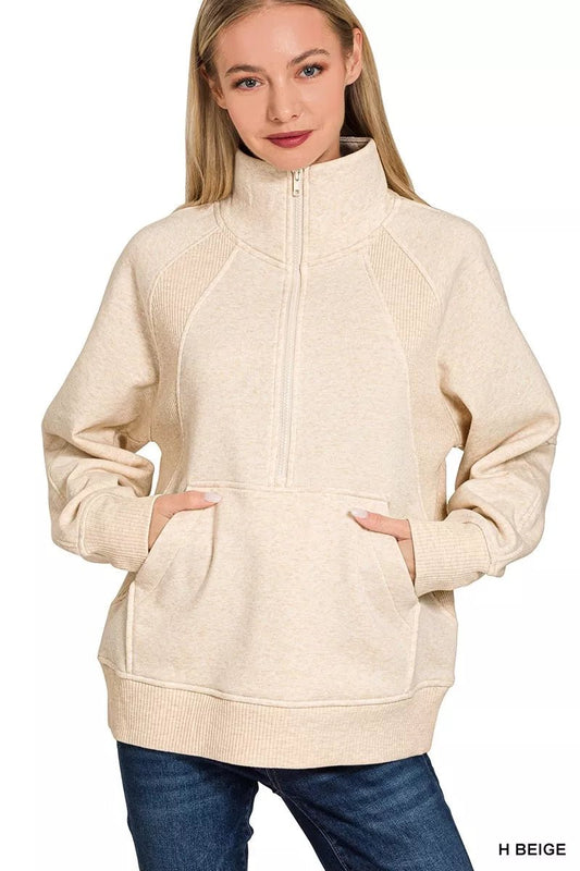Zenana Half Zip Fleece Sweatshirt with kangaroo Pocket - Bitsy Gypsy Boutique