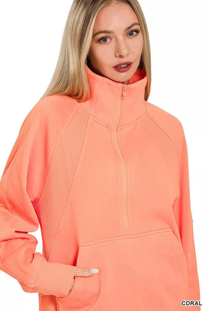 Zenana Half Zip Fleece Sweatshirt with kangaroo Pocket - Bitsy Gypsy Boutique