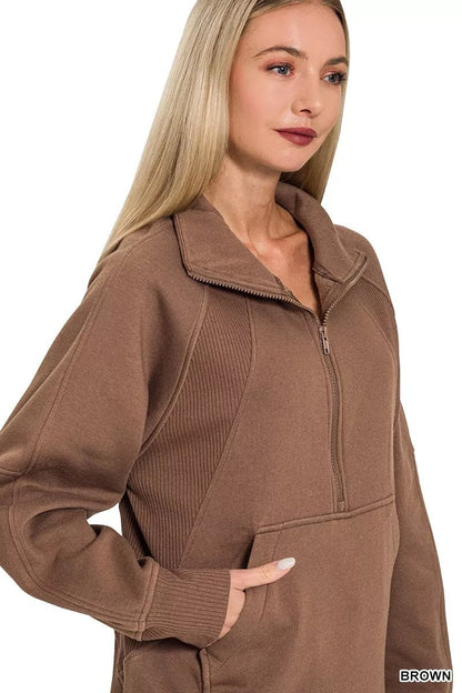Zenana Half Zip Fleece Sweatshirt with kangaroo Pocket - Bitsy Gypsy Boutique