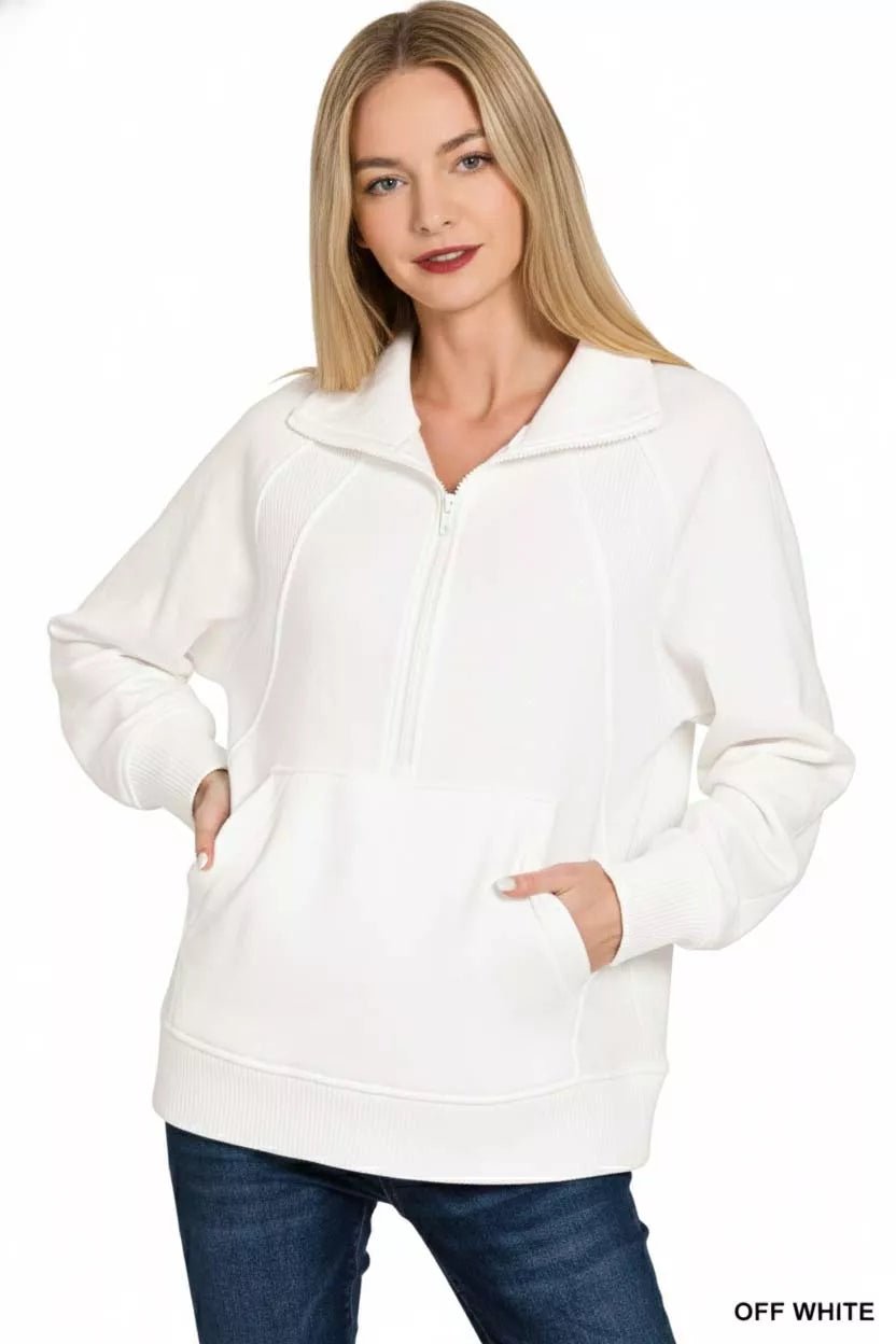Zenana Half Zip Fleece Sweatshirt with kangaroo Pocket - Bitsy Gypsy Boutique