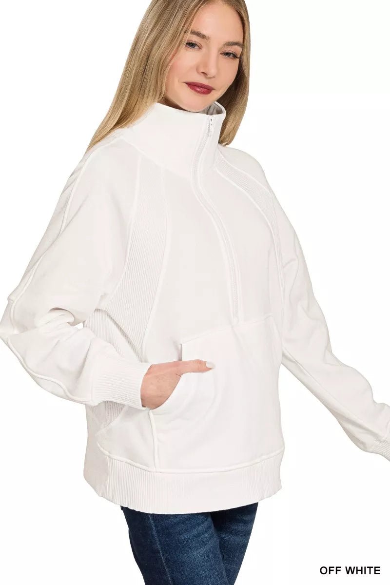Zenana Half Zip Fleece Sweatshirt with kangaroo Pocket - Bitsy Gypsy Boutique