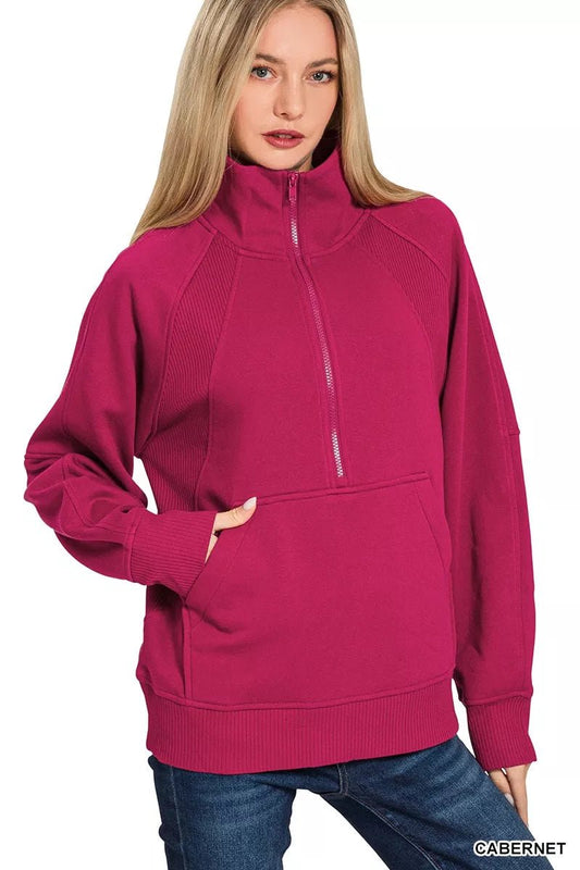 Zenana Half Zip Fleece Sweatshirt with kangaroo Pocket - Bitsy Gypsy Boutique